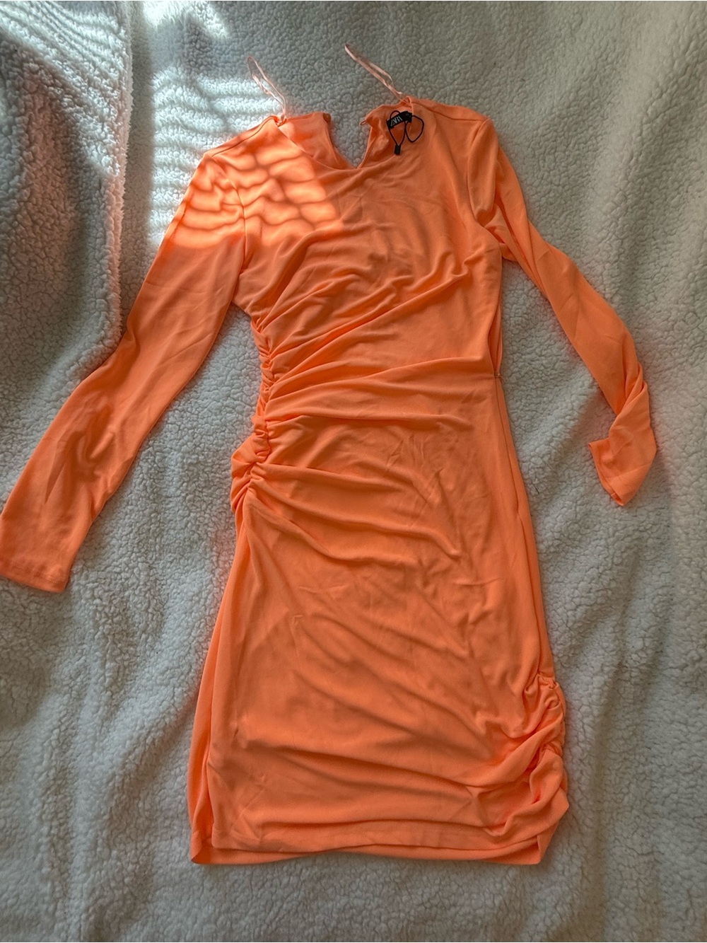 Zara Neon Orange Long-Sleeve Ruched Bodycon Dress